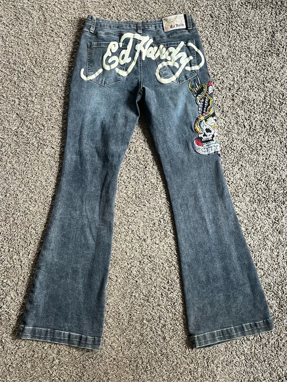 Ed Hardy Women's Slim Flare Denim Jeans NYC Skull Embroidered Y2K Size 30